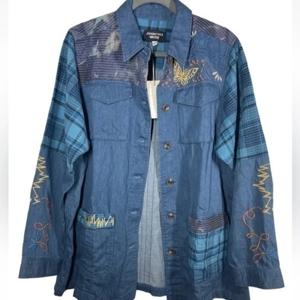 Johnny Was Moonlight Tie Dye Patchwork Military Jacket L Denim Embroidered - Picture 3 of 12
